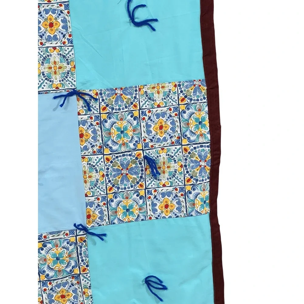 Handmade Patchwork Tied Quilt Mediterranean Tile Print Multi Color Throw Blanket